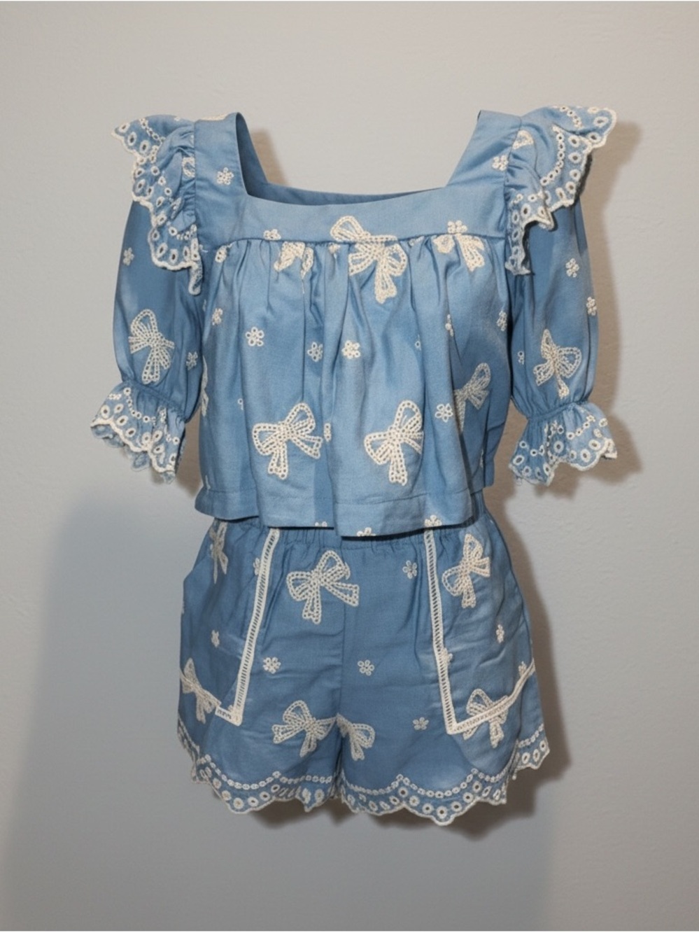 Anthropologie Mable Chambray Eyelet Blue Bow Embroidered Two-Piece Set